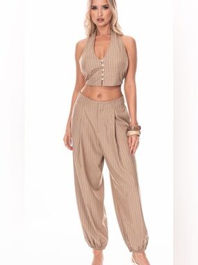 A336. Pinstripe Tan High-Waist Harlem Balloon Pants & Halter Vest Set